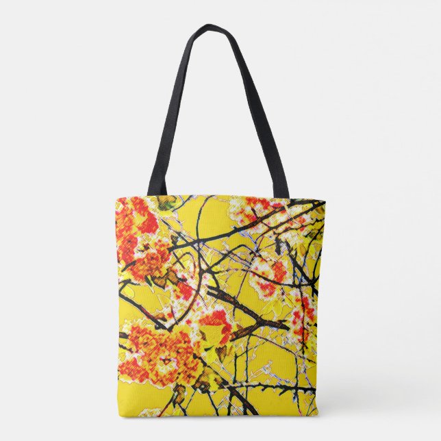 Bolsa Tote flor abstrato oriental impressão amarelo (Verso)