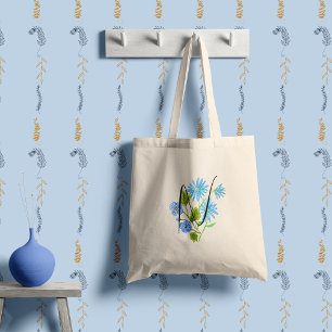 Bolsa Tote Flor azul em aquarela com a sua inicial.