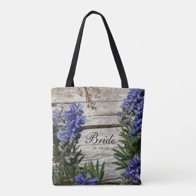 Bolsa Tote flor azul púrpura personalizada Nome Brito, data (Verso)