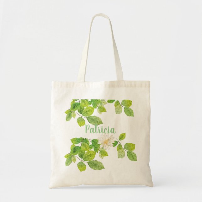 Bolsa Tote Flor Branco e Jardim de Folhas Verde (Frente)