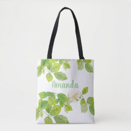 Bolsa Tote Flor Branco e Jardim de Folhas Verde