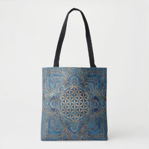 Bolsa Tote Flor da vida em Lotus - mármore azul e Dourado