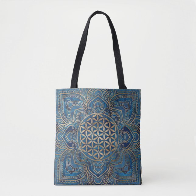 Bolsa Tote Flor da vida em Lotus - mármore azul e Dourado (Frente)