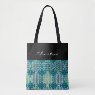 Bolsa Tote Flor da vida - padrão do selo - azul ciano