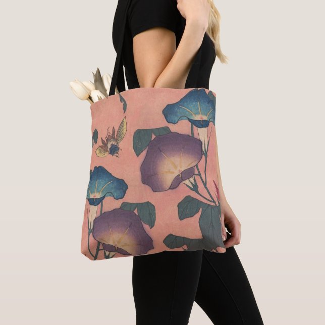 Bolsa Tote Flor de Abelha Rosa Arte Clássica Hokusai (Close Up)