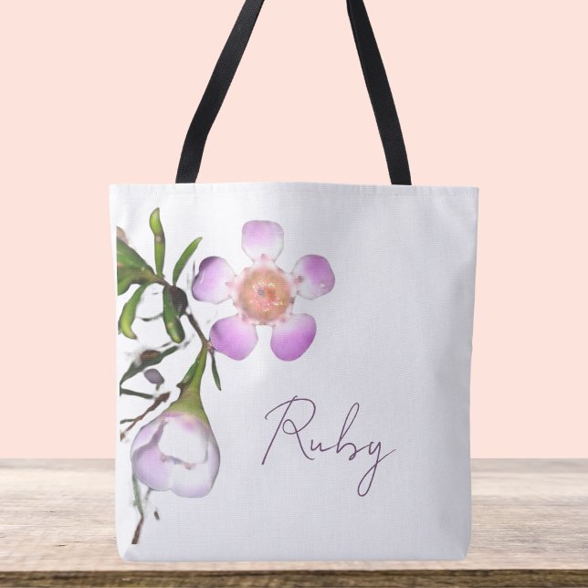 Bolsa Tote Flor de Cera Delicada em Flor (Customizable wax flower design crossbody bag, shoulder tote with purple and white and green stem)