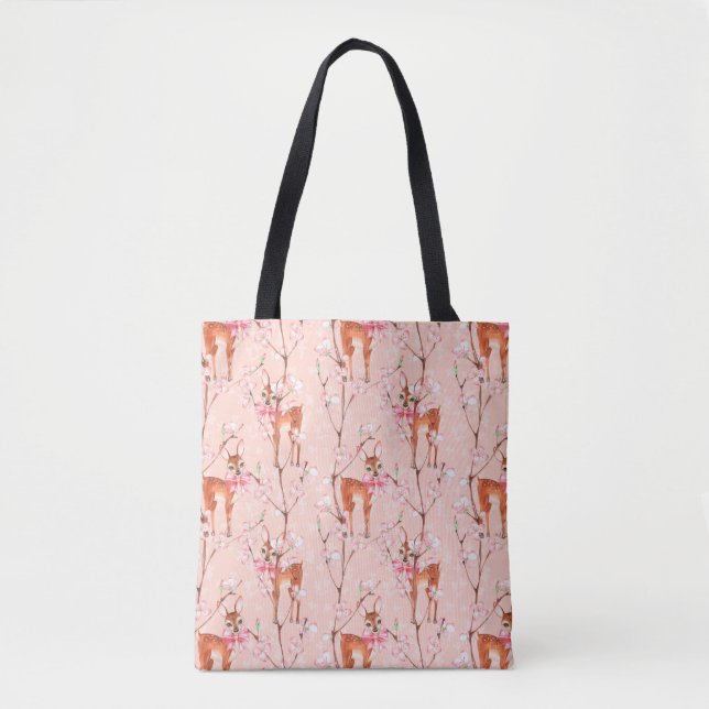 Bolsa Tote Flor de cerejeira e jovens corças /2 (Frente)