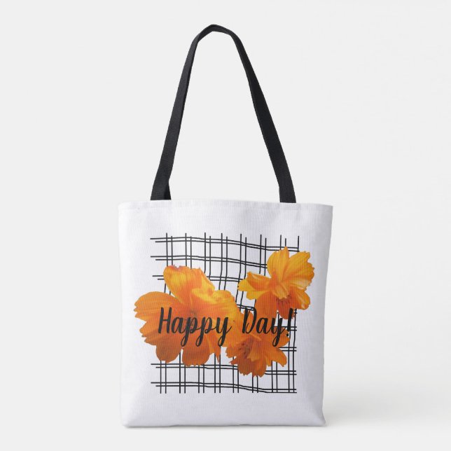 Bolsa Tote Flor de Cosmos Laranja na Grade Preta em Branco (Verso)