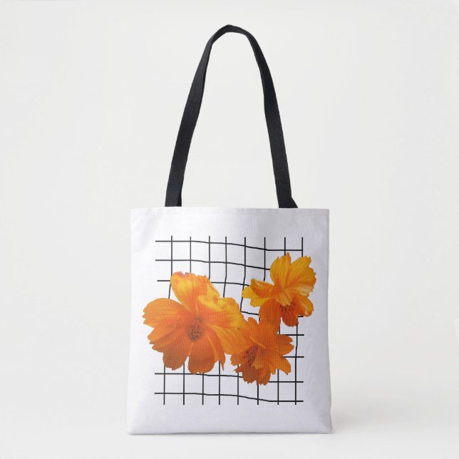 Bolsa Tote Flor de Cosmos Laranja na Grade Preta em Branco (Frente)