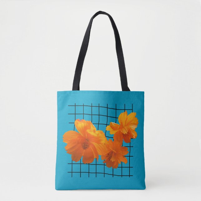 Bolsa Tote Flor de Cosmos Laranja na Grade Preta na Turquesa (Frente)