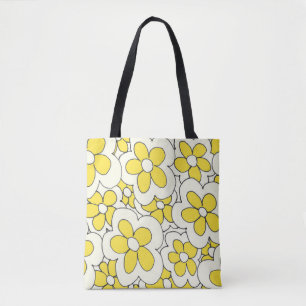 Bolsa Tote Flor de diversão desenhada à mão impressão amarelo