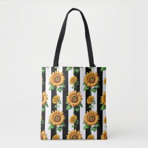 Bolsa Tote Flor de girassol Black Stripes brancas