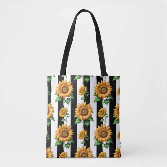Bolsa Tote Flor de girassol Black Stripes brancas (Frente)