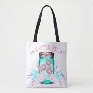 Bolsa Tote Flor de jarro e borboleta beijam rosa azul-giro