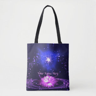 Bolsa Tote Flor de Lótus Estrelas Cristal Roxo Zen Cósmico