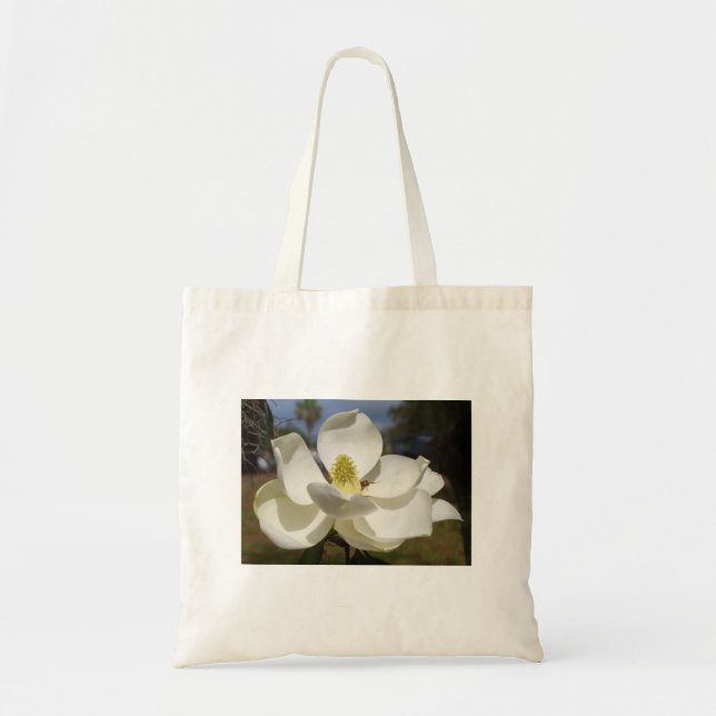 Bolsa Tote Flor de Magnolia Branca e abelha (Frente)