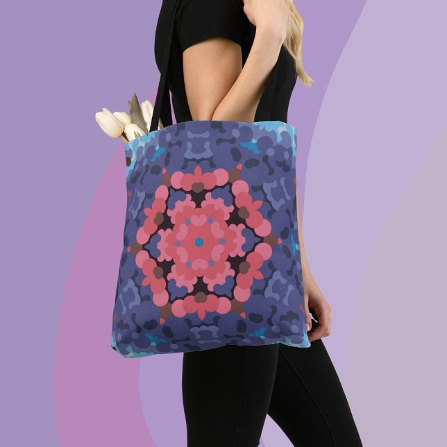 Bolsa Tote Flor de mandala azul e rosa (Criador carregado)