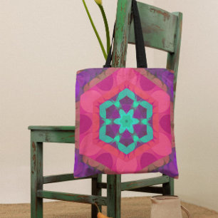 Bolsa Tote Flor de Mandala, cor-de-rosa, azul e púrpura
