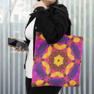 Bolsa Tote Flor de Mandala, cor-de-rosa, púrpura e amarelo