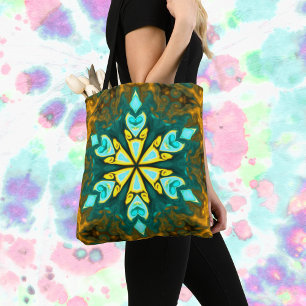 Bolsa Tote Flor de Mandala Psicodélico Teal e Amarelo