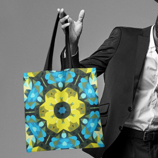 Bolsa Tote Flor de Mandala Retroativa Amarelo e Azul (Criador carregado)