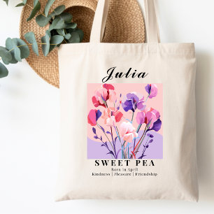 Bolsa Tote Flor de Nascimento de Abril Ervilha Doce Pastel Su