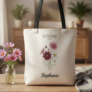 Bolsa Tote Flor de Nascimento de Outubro Cosmos Aniversário