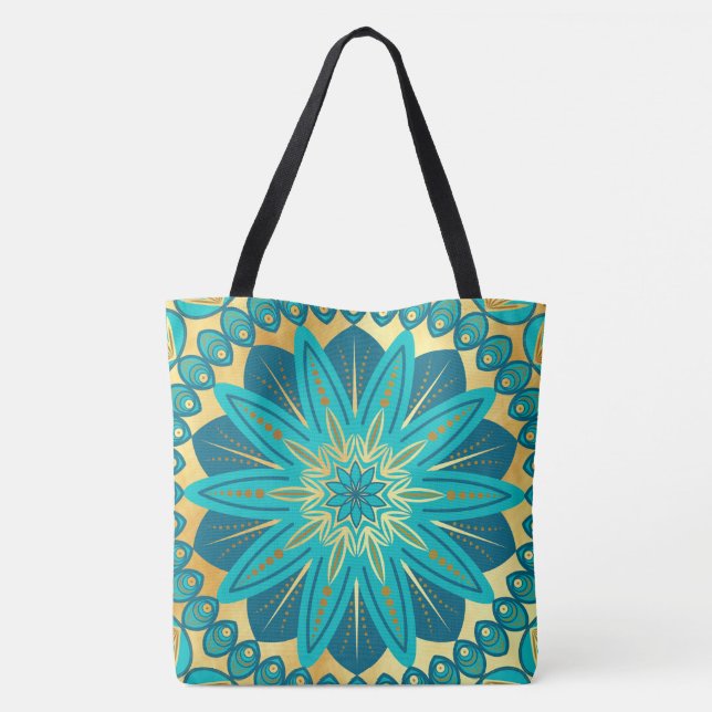 Bolsa Tote Flor de Ouro Azul Mandala (Verso)