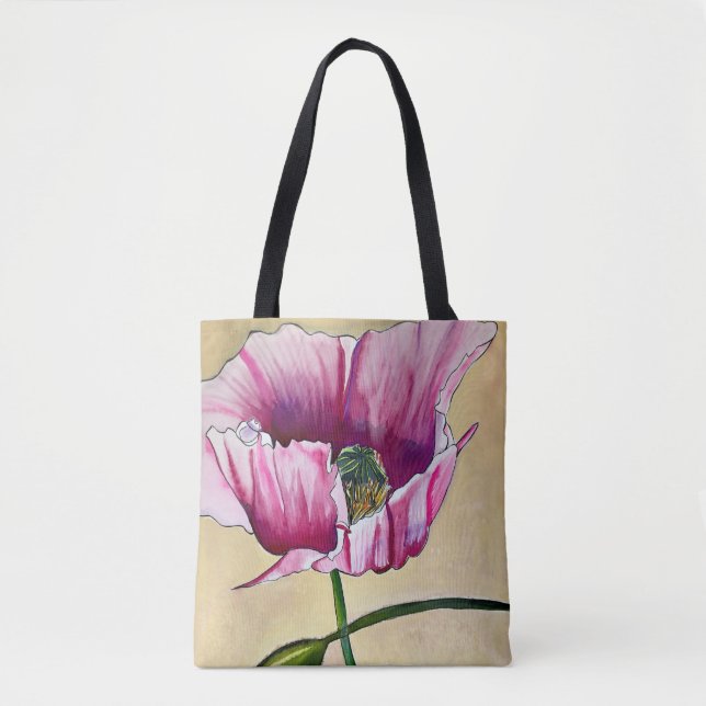 Bolsa Tote Flor de papoila rosa com aquarelas (Frente)