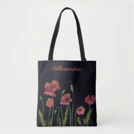 Bolsa Tote flor de papoila vermelha em monograma preto