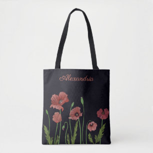Bolsa Tote flor de papoila vermelha em monograma preto