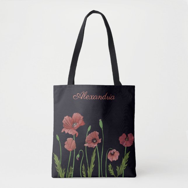 Bolsa Tote flor de papoila vermelha em monograma preto (Frente)