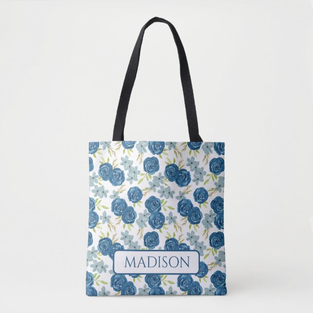 Bolsa Tote flor de rosa azul marinho (Frente)