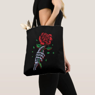 Bolsa Tote Flor de Rosa vermelha de Mão do Esqueleto