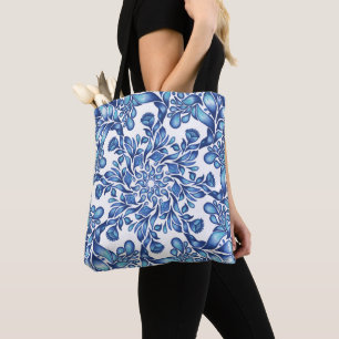 Bolsa Tote Flor e mandala em azul