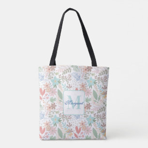 Bolsa Tote Flor Floral Elegante Azul Folha Mole Monograma