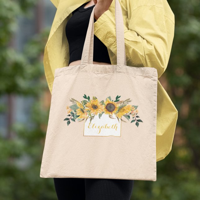 Bolsa Tote Flor Floral Personalizada Dourada de Girassol (Criador carregado)