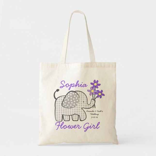 Bolsa Tote Flor Gingham Elephant com Buquê Roxo (Frente)