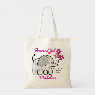 Bolsa Tote Flor Girl Gingham Elephant com Buquê rosa