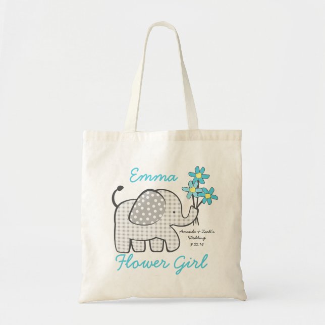 Bolsa Tote Flor Girl Gingham Elepher com Buquê Azul (Frente)