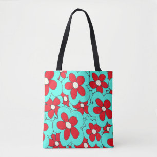 Bolsa Tote Flor impressão azul-vermelha desenhada à mão