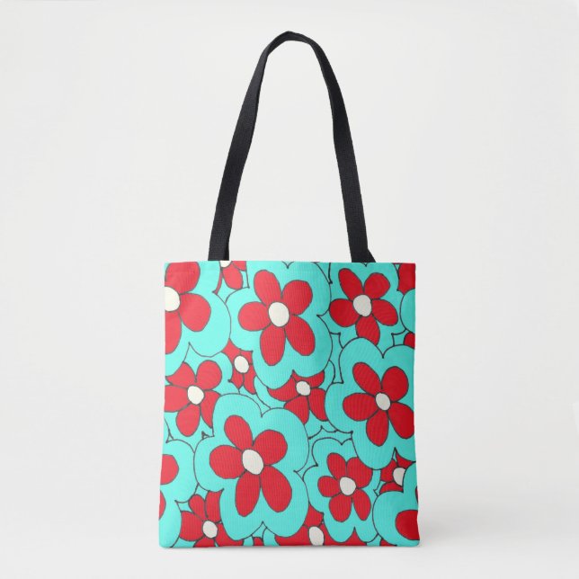 Bolsa Tote Flor impressão azul-vermelha desenhada à mão (Frente)