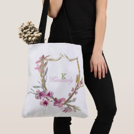 Bolsa Tote Flor Inicial Monograma de Flor de Cerejeira Rosa