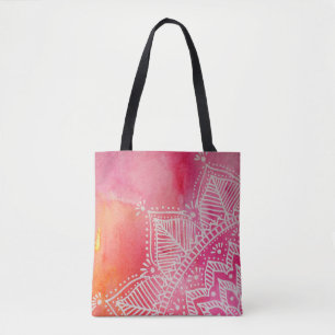Bolsa Tote Flor Mandala sobre fundo de cor d'água - rosa