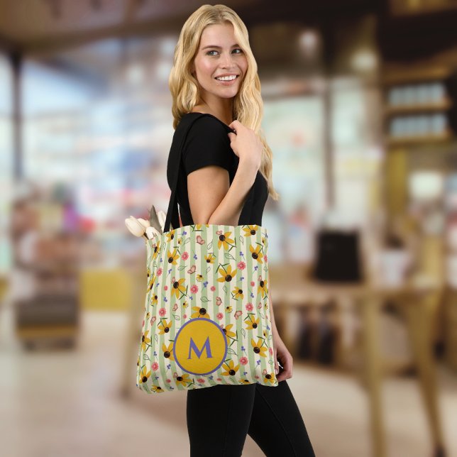 Bolsa Tote Flor padrão com borboleta e coneflower monograma (Monogram Coneflower Butterfly Floral Patterned Tote Bag)