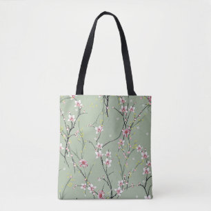 Bolsa Tote flor pequena vermelha e amarela em fundo verde