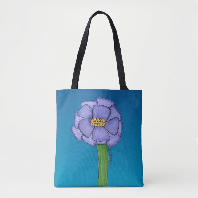 Bolsa Tote Flor quadrada roxa com fundo azul (Frente)