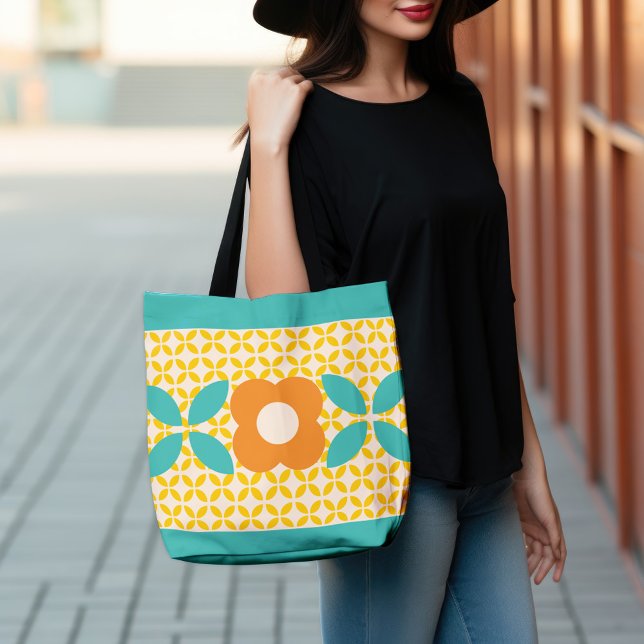 Bolsa Tote Flor Retro, Padrão Geográfico Laranja, Teal, Rosa (Criador carregado)