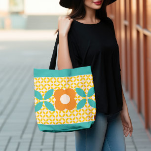 Bolsa Tote Flor Retro, Padrão Geométrico Laranja, Azul Turque