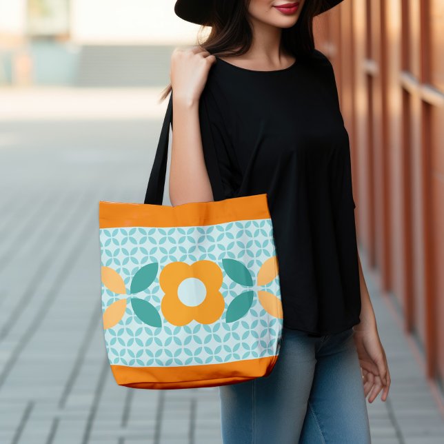 Bolsa Tote Flor Retro, Padrões Geográficos Aqua, Laranja, Tea (Criador carregado)